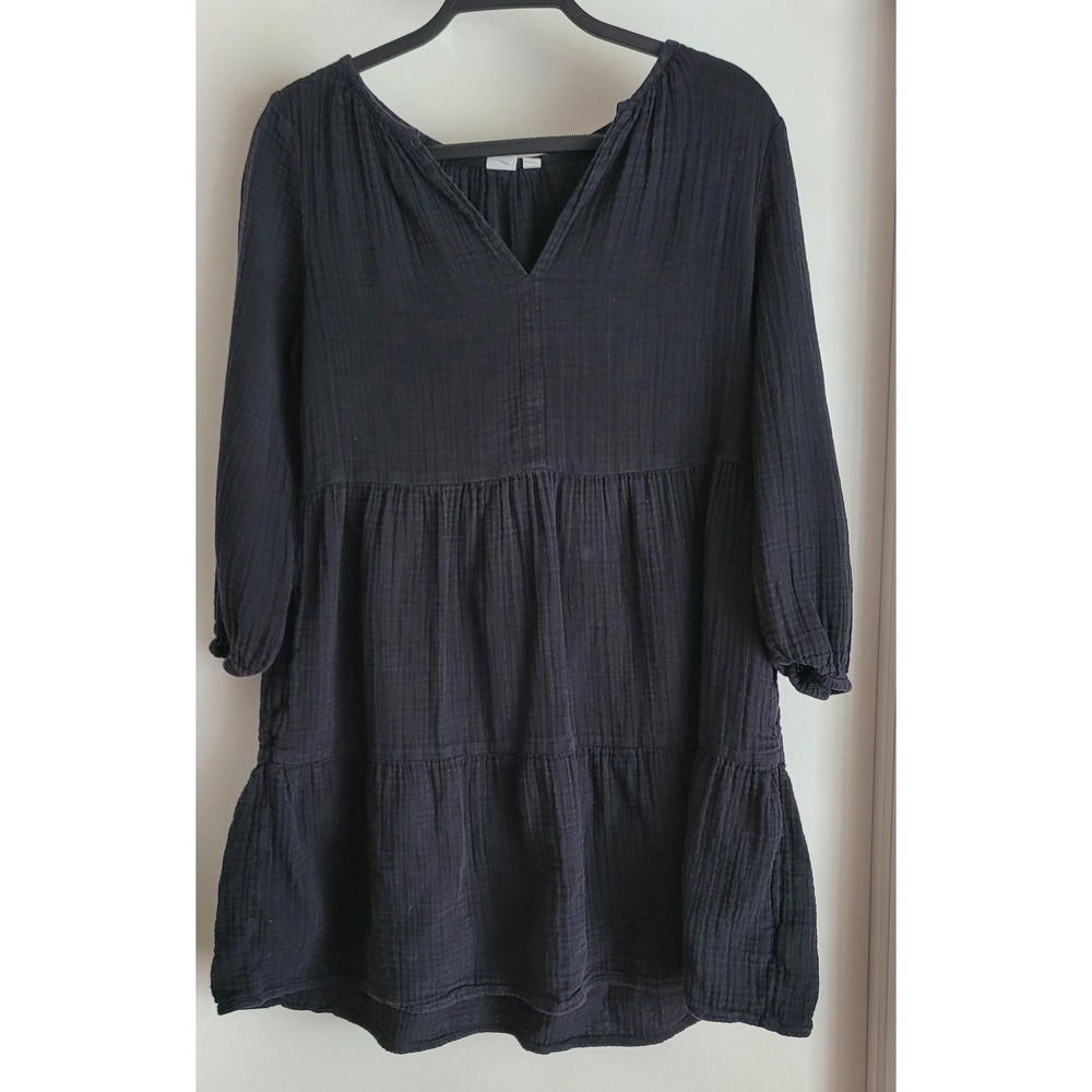 Gap Mini Dress XS Casual Boho Black Cotton 3/4 Sleeve Solid Sundress Gown